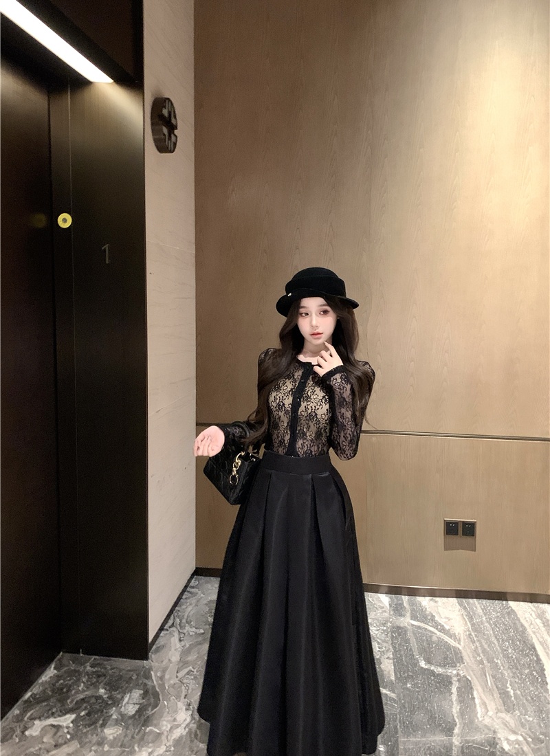 Lace black chanelstyle sexy long skirt 2pcs set