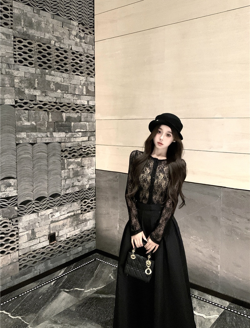 Lace black chanelstyle sexy long skirt 2pcs set