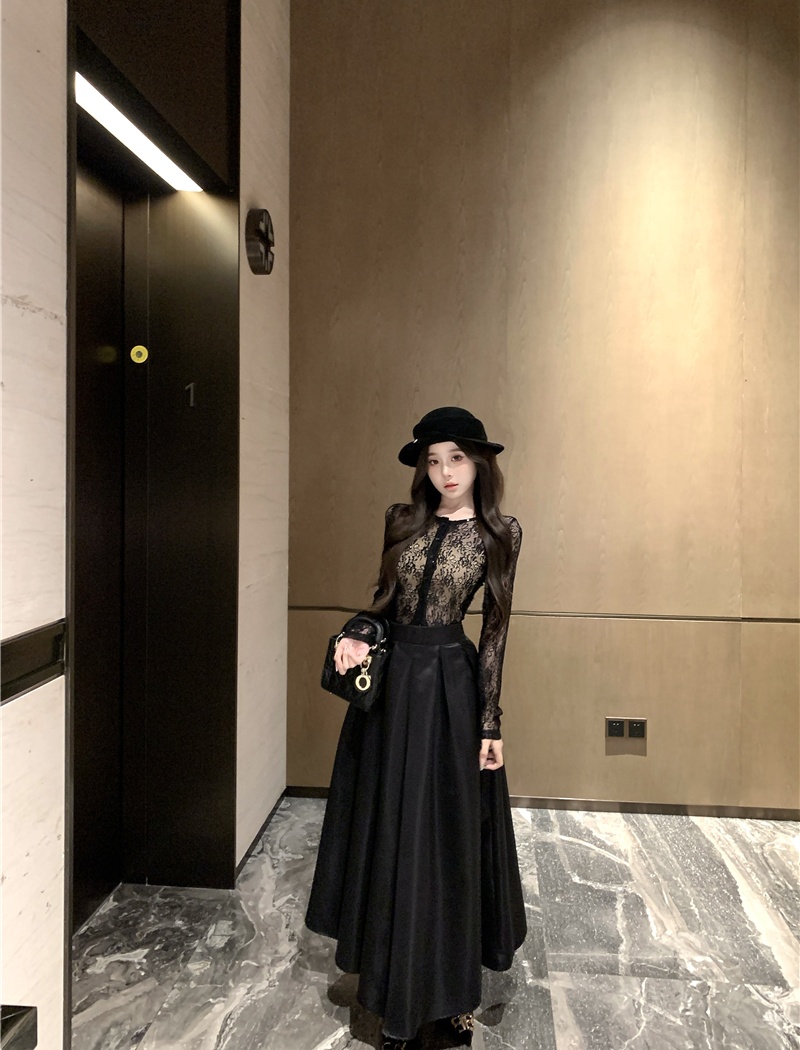 Lace black chanelstyle sexy long skirt 2pcs set