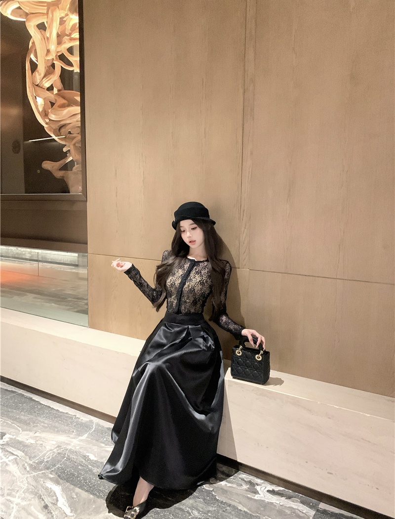 Lace black chanelstyle sexy long skirt 2pcs set