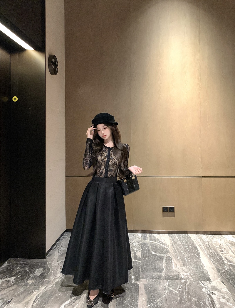 Lace black chanelstyle sexy long skirt 2pcs set