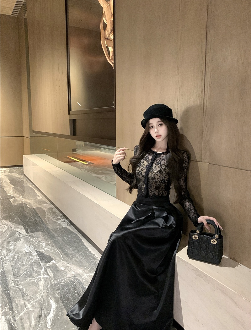 Lace black chanelstyle sexy long skirt 2pcs set