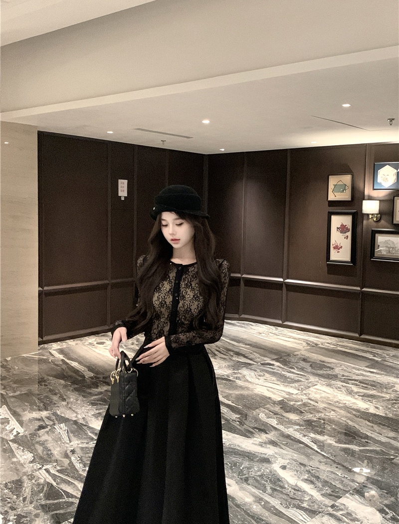 Lace black chanelstyle sexy long skirt 2pcs set