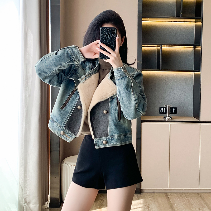 Winter loose denim coat thick locomotive cotton coat