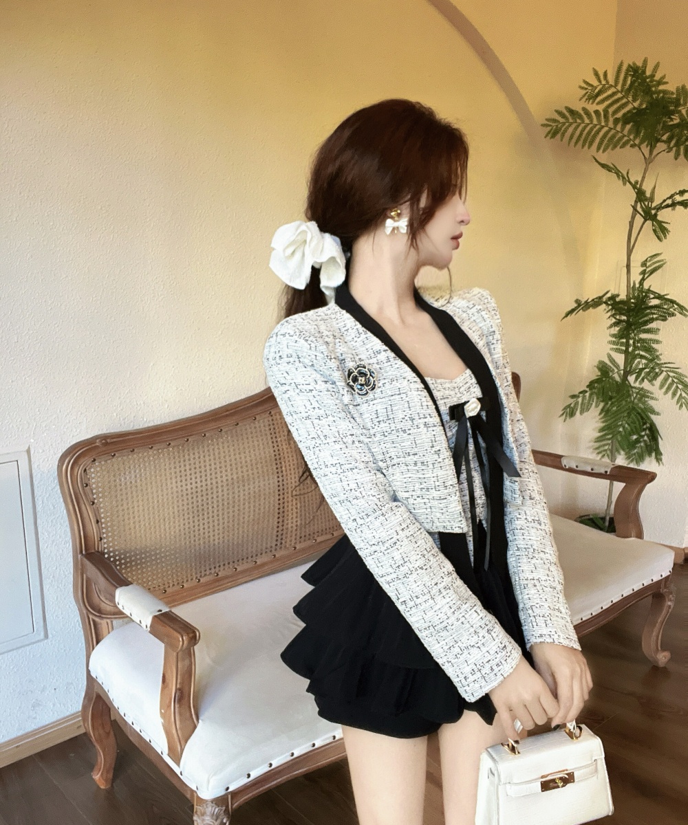 Flat shoulder short bow chanelstyle wrapped chest coat a set