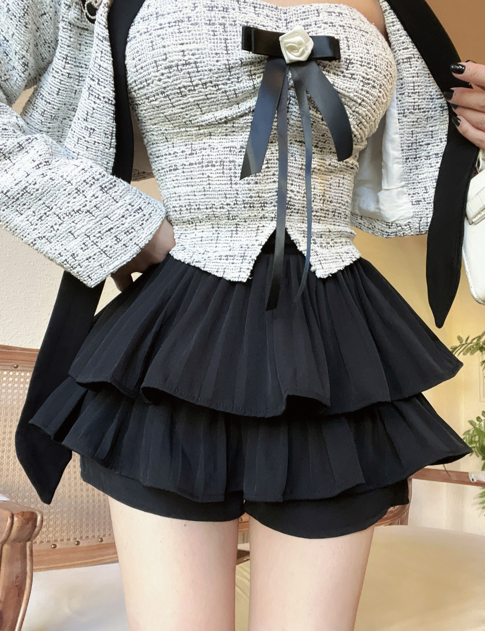 Flat shoulder short wrapped chest chanelstyle bow tops