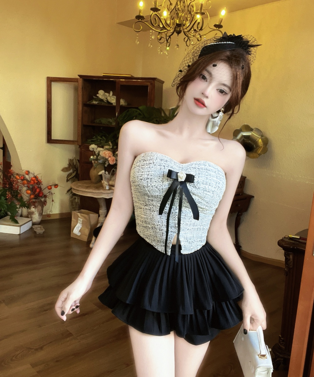 Bow cake flat shoulder coat high waist short short skirt 3pcs set