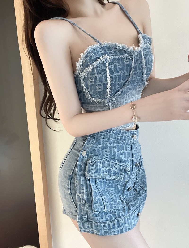 A-line sling tops enticement denim skirt 2pcs set