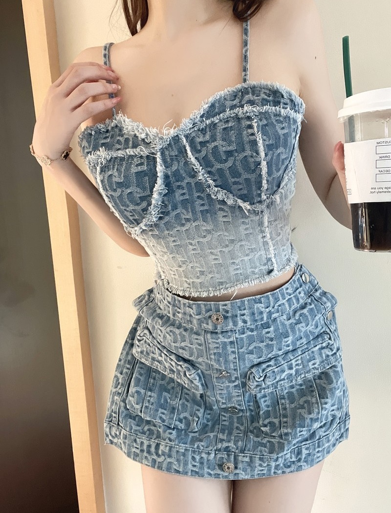 A-line sling tops enticement denim skirt 2pcs set