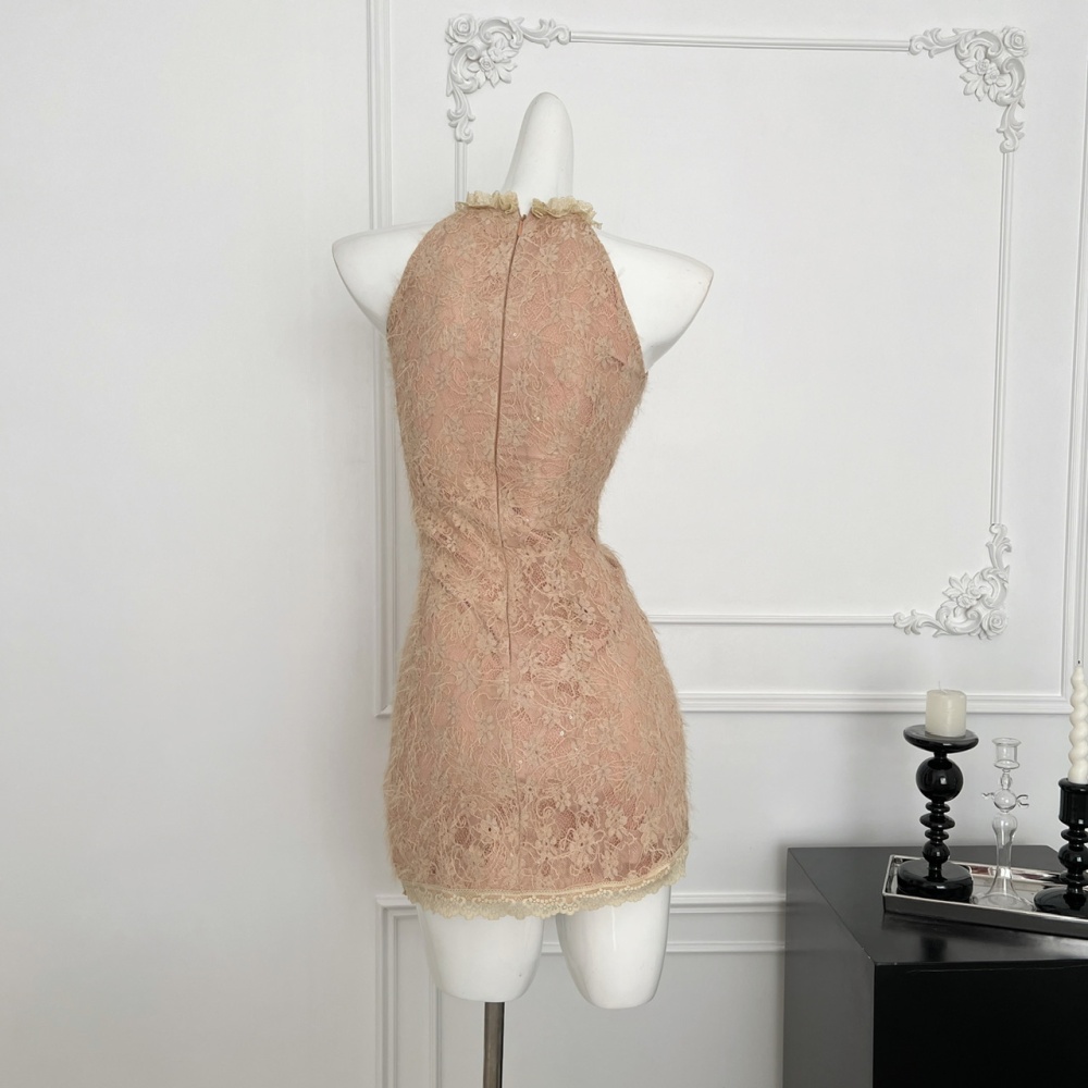 France style lace swan dress light luxury halter T-back