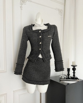 Burr square collar skirt gray pinched waist coat 2pcs set