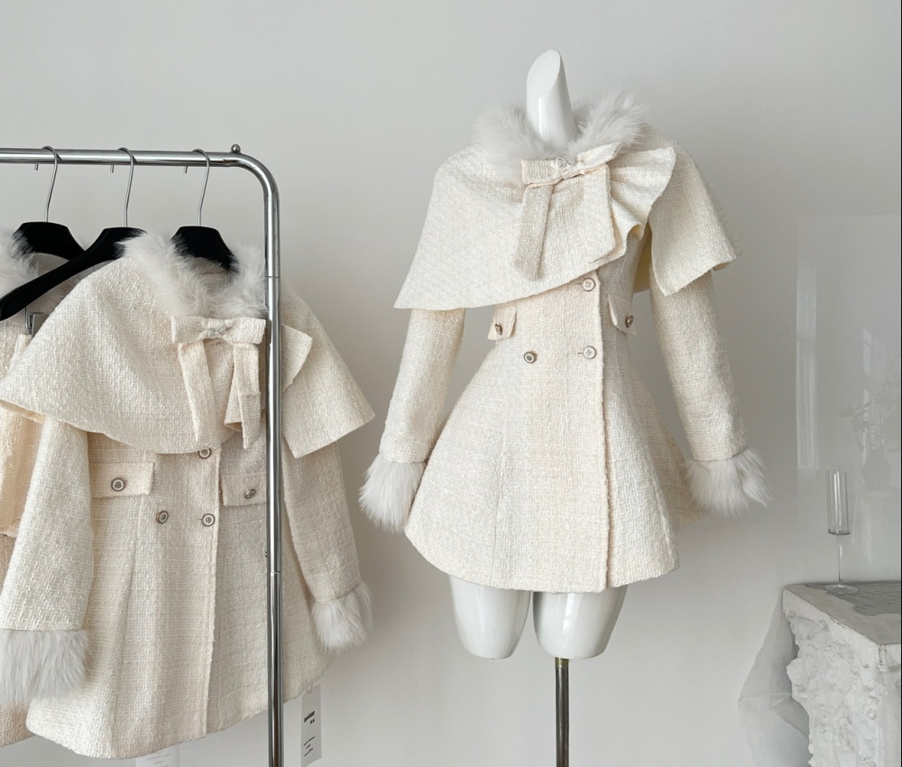 Clip cotton bow cloak fawn overcoat 2pcs set