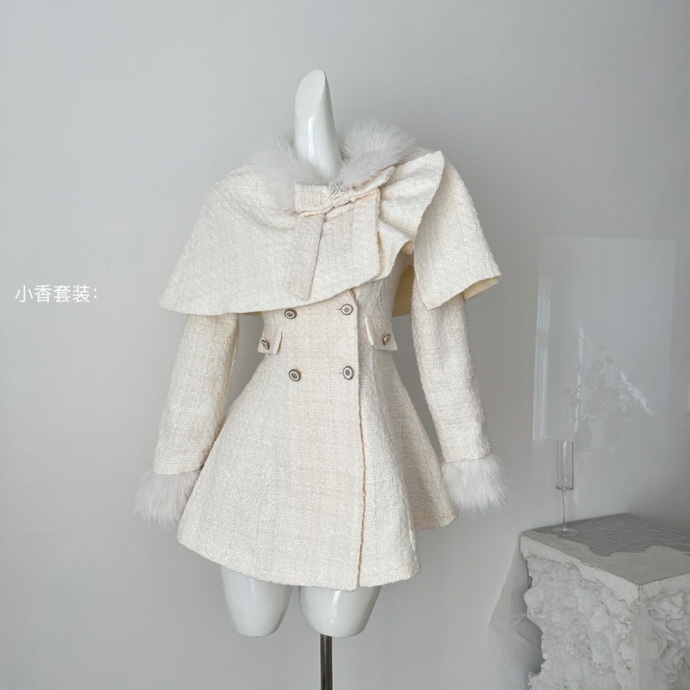 Clip cotton bow cloak fawn overcoat 2pcs set