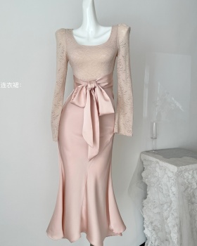 Temperament satin round neck long dress crimp bow dress