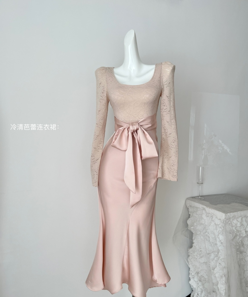 Temperament satin round neck long dress crimp bow dress