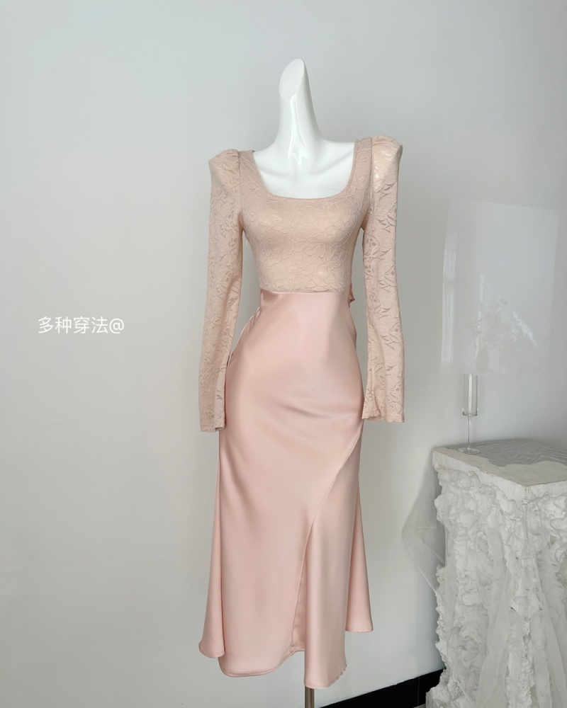 Temperament satin round neck long dress crimp bow dress