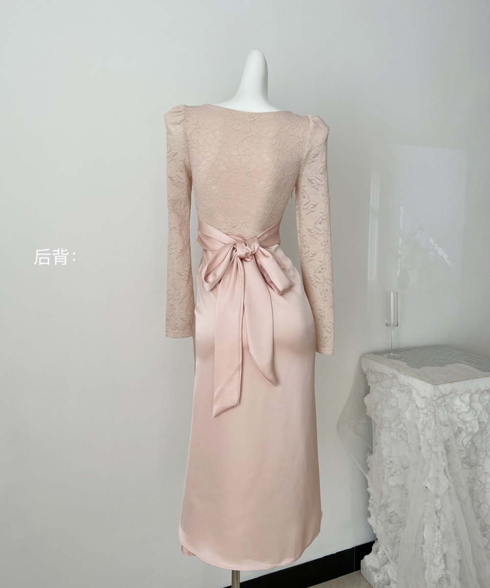 Temperament satin round neck long dress crimp bow dress