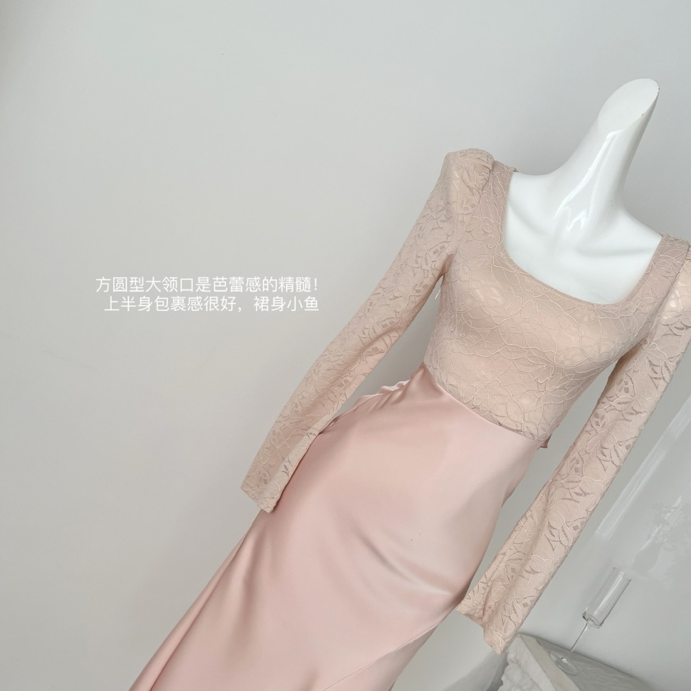 Temperament satin round neck long dress crimp bow dress