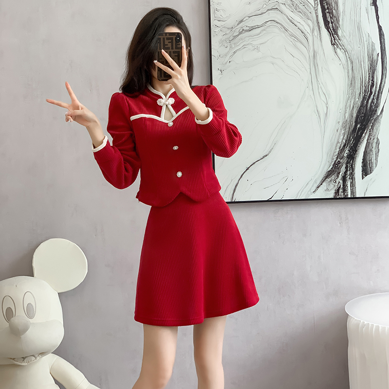 Sweet cheongsam autumn and winter short skirt 2pcs set