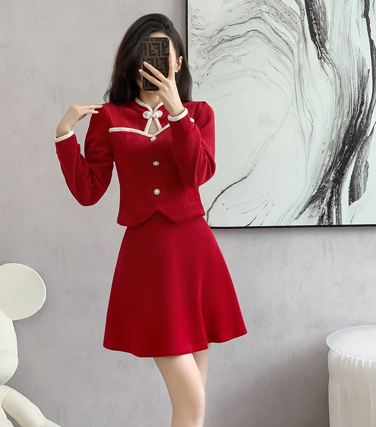 Sweet cheongsam autumn and winter short skirt 2pcs set