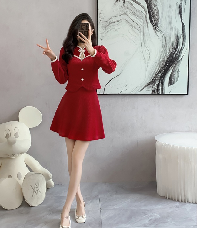 Sweet cheongsam autumn and winter short skirt 2pcs set