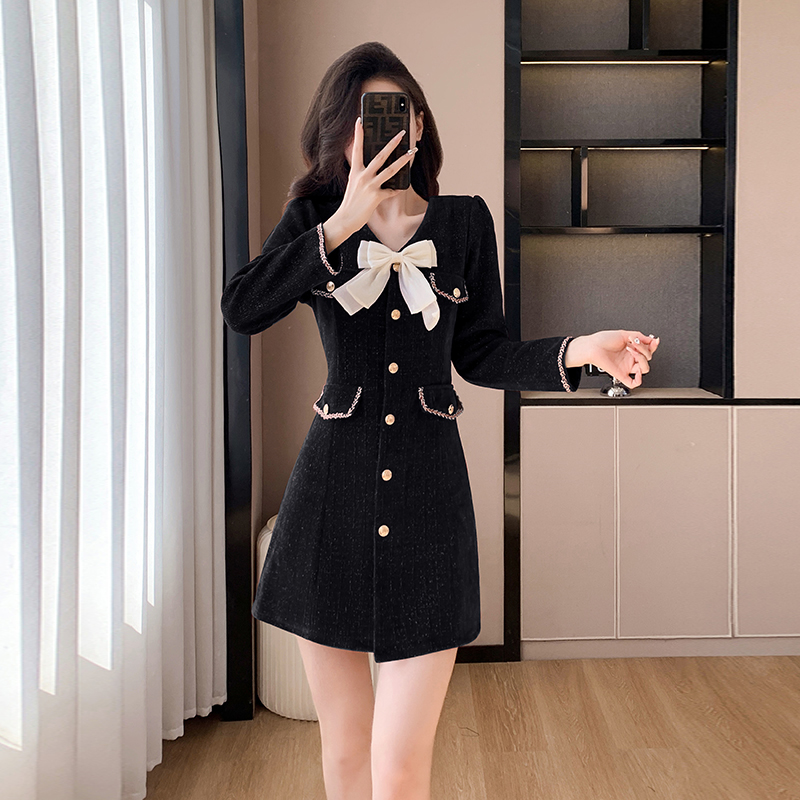 Liangsi bow black temperament slim autumn and winter dress