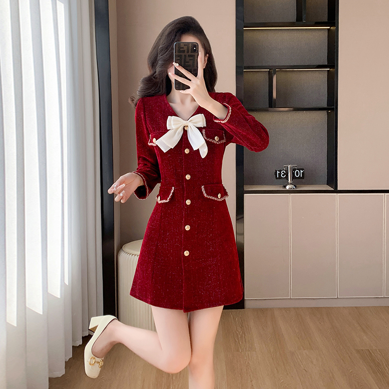 Liangsi bow black temperament slim autumn and winter dress