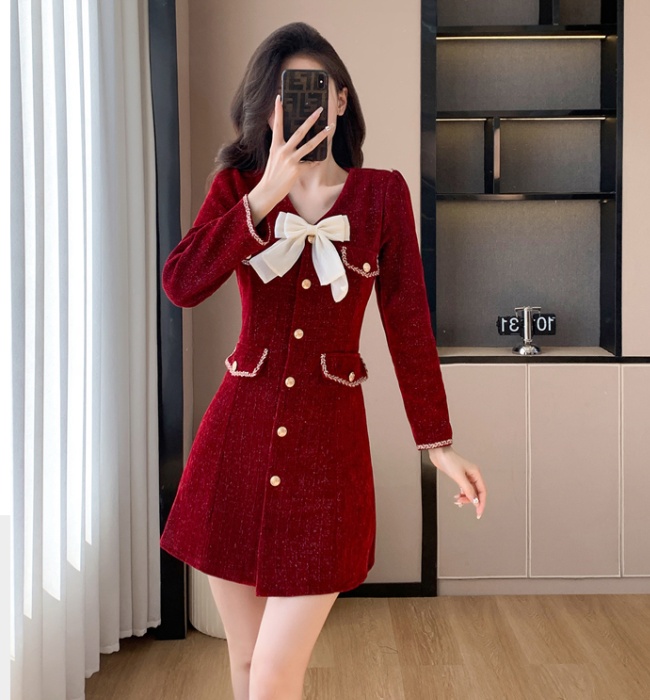 Liangsi bow black temperament slim autumn and winter dress