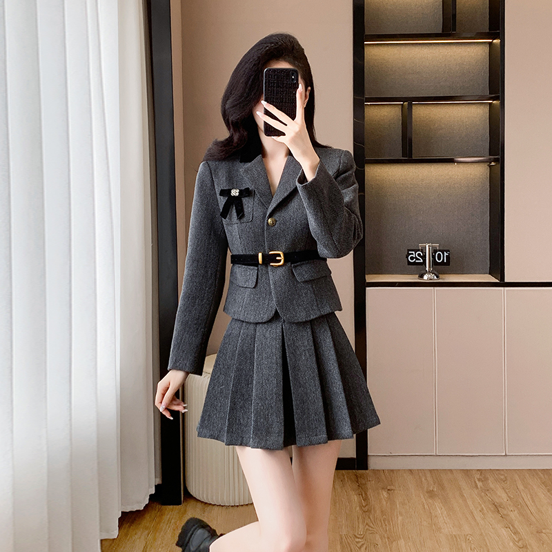 Woolen belt autumn and winter coat 2pcs set