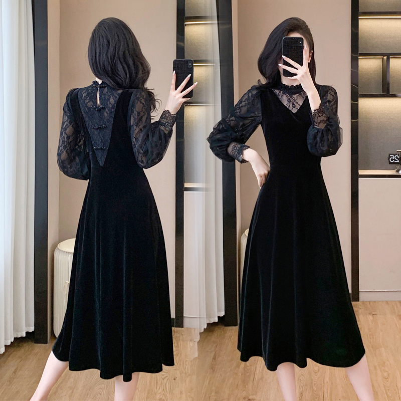 Elegant splice lace temperament gauze dress