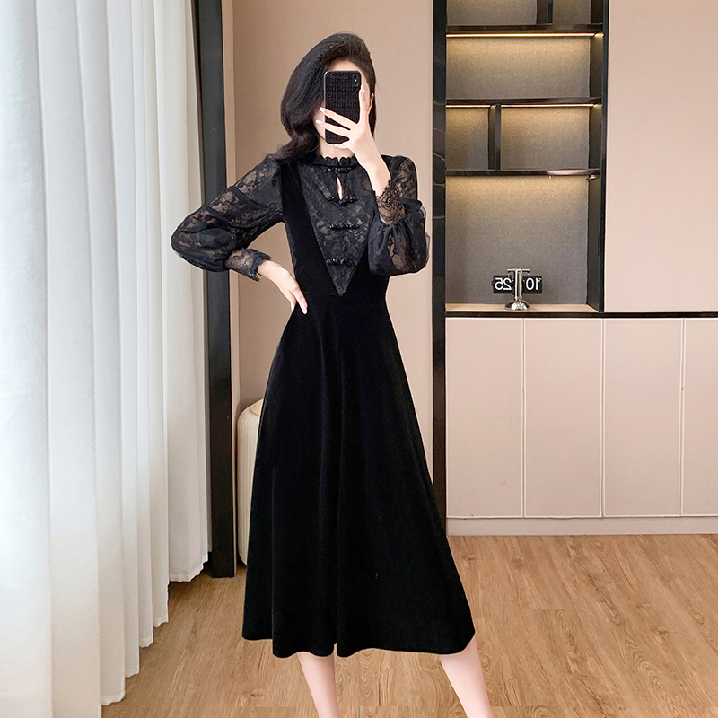 Elegant splice lace temperament gauze dress