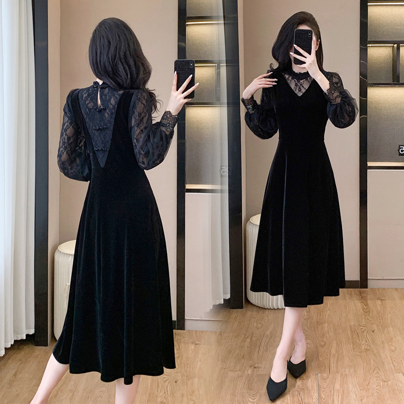 Elegant splice lace temperament gauze dress