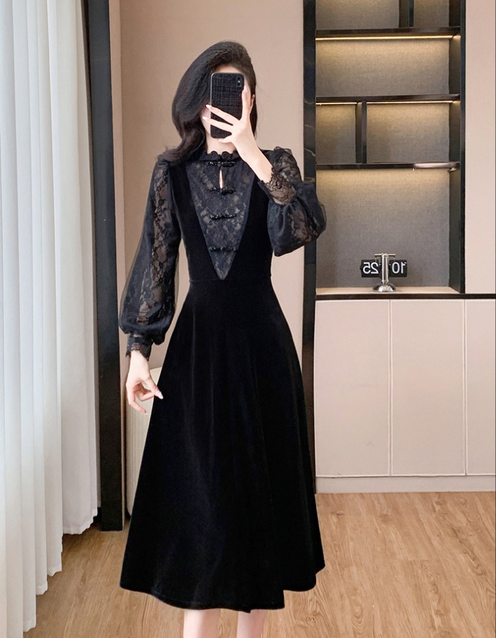 Elegant splice lace temperament gauze dress