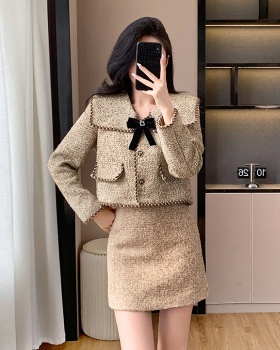 Doll collar long chanelstyle bow short sweet coat 2pcs set