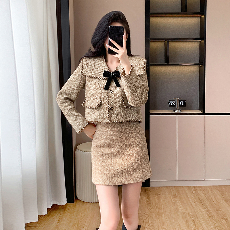 Doll collar long chanelstyle bow short sweet coat 2pcs set