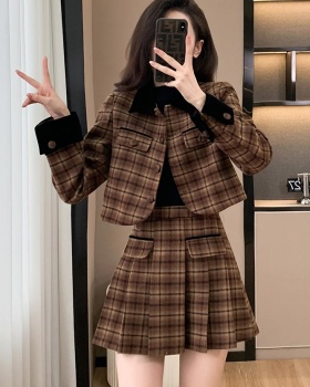 Plaid retro jacket woolen chanelstyle short skirt 2pcs set