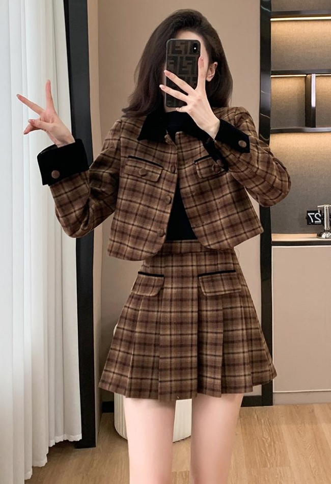 Plaid retro jacket woolen chanelstyle short skirt 2pcs set