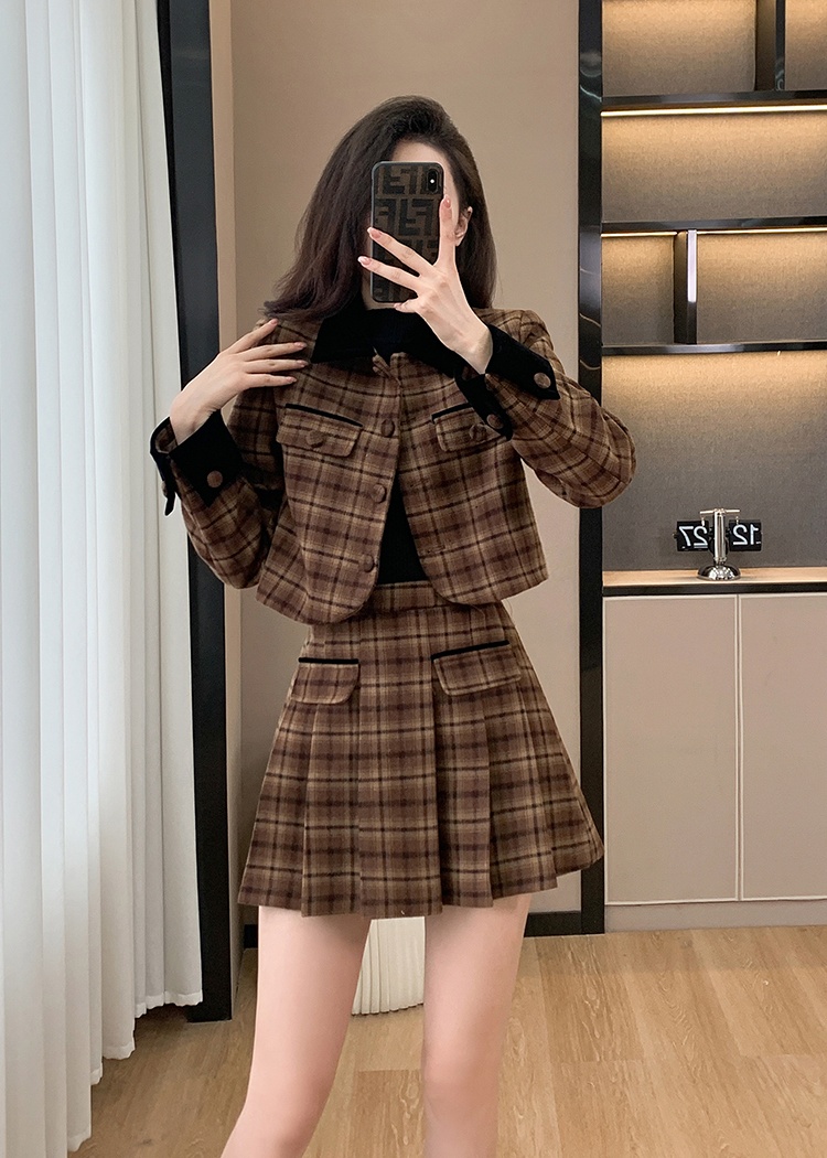 Plaid retro jacket woolen chanelstyle short skirt 2pcs set