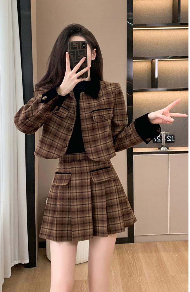 Plaid retro jacket woolen chanelstyle short skirt 2pcs set