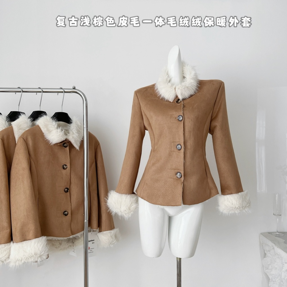 Plush autumn and winter slim thermal khaki coat