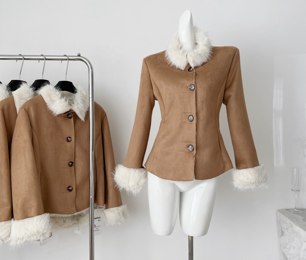 Plush autumn and winter slim thermal khaki coat