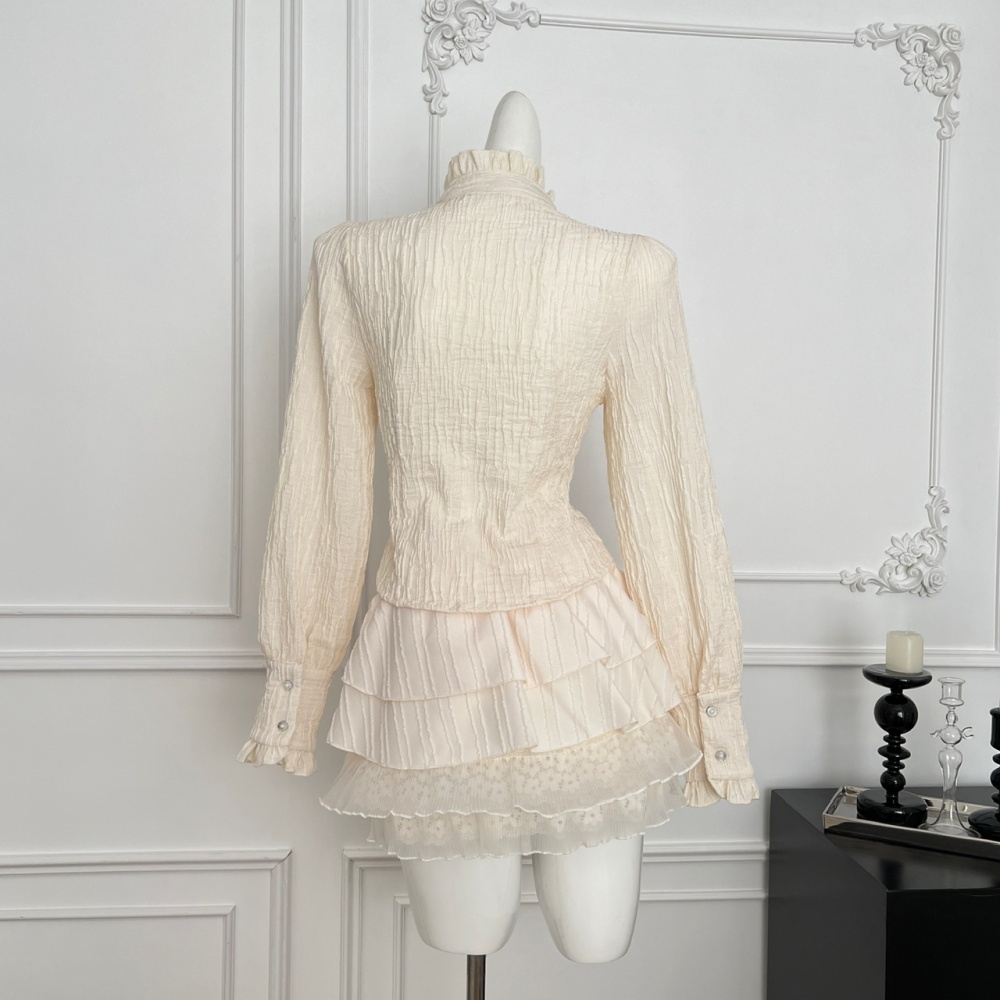 Long sleeve niche short skirt lace temperament shirt a set