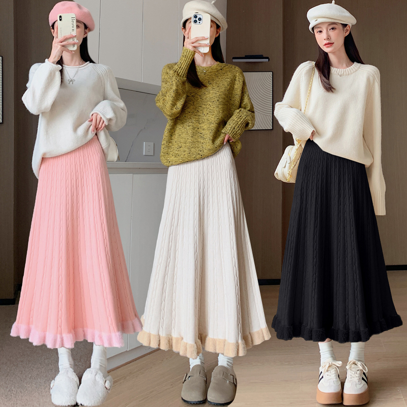 Mink hair knitted big skirt pleated skirt for women