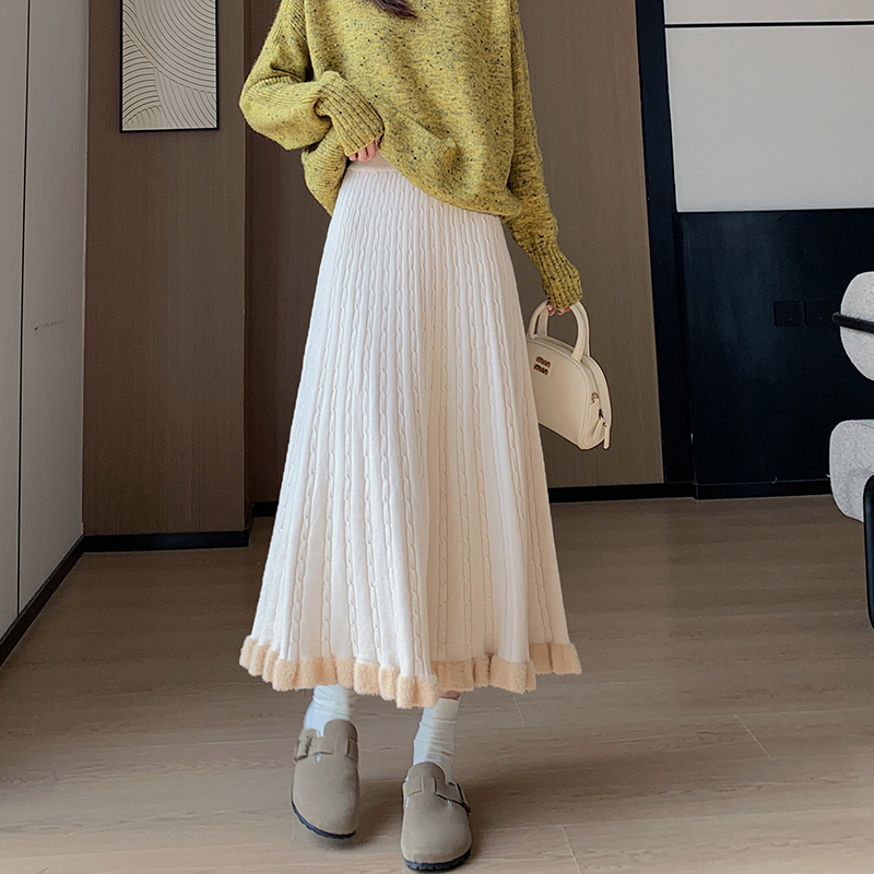 Mink hair knitted big skirt pleated skirt for women