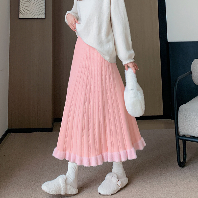 Mink hair knitted big skirt pleated skirt for women