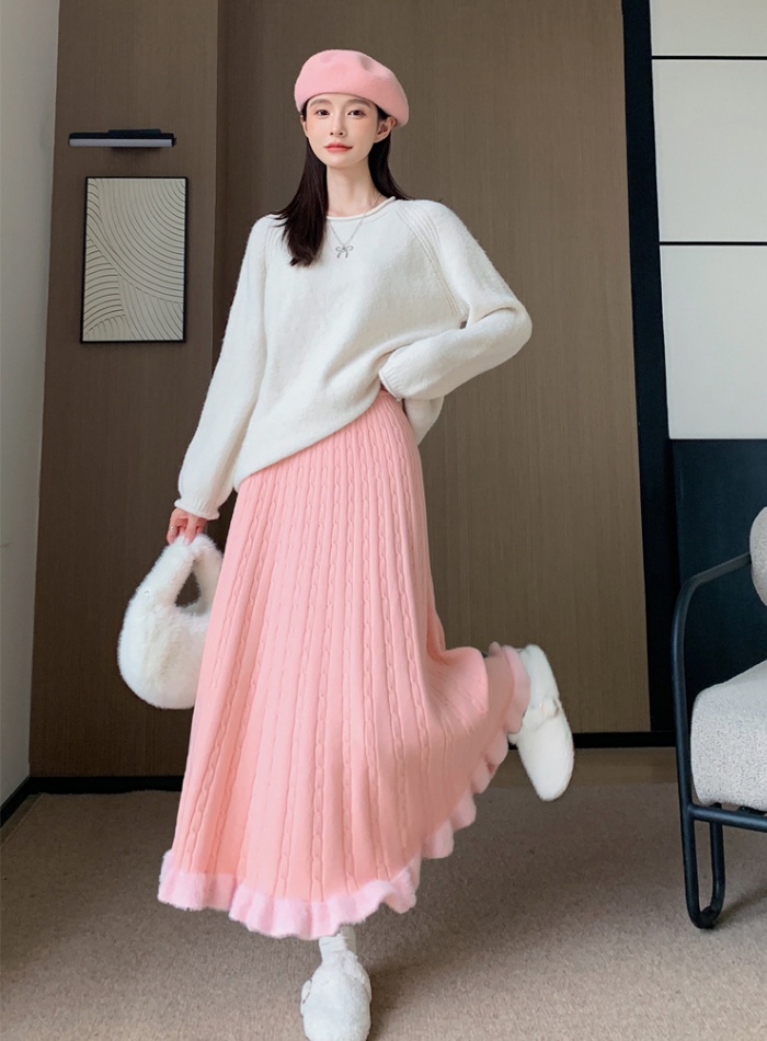 Mink hair knitted big skirt pleated skirt for women