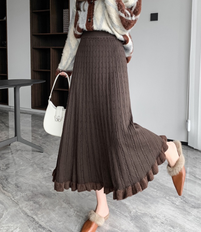 Mink hair knitted big skirt pleated skirt for women