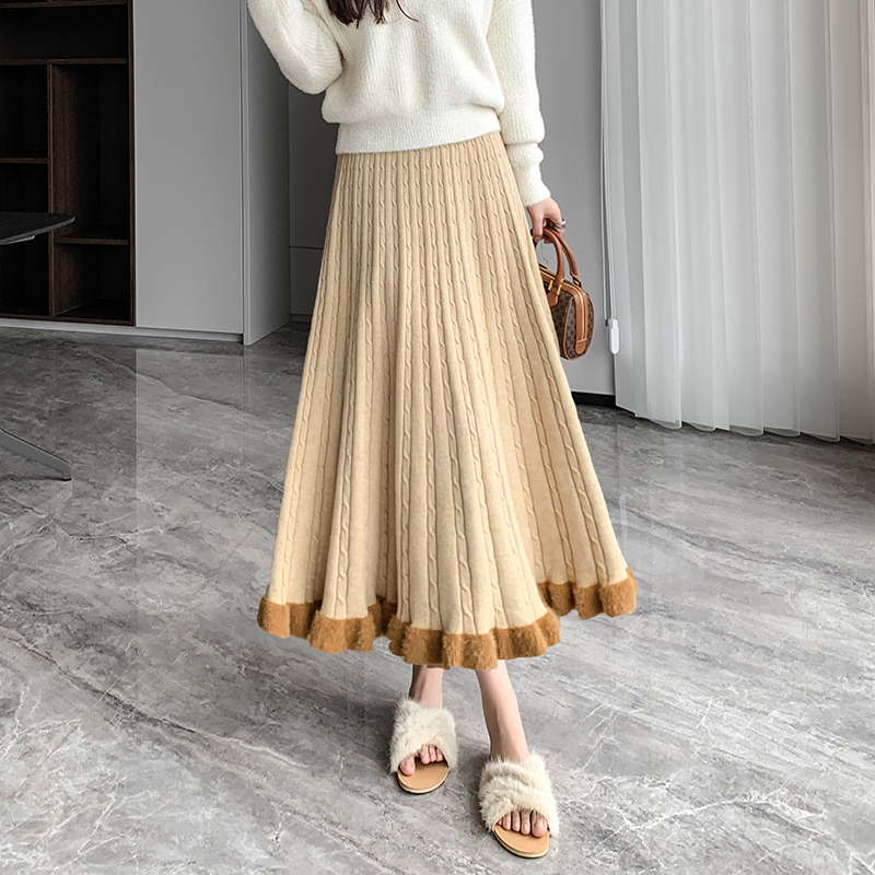 Mink hair knitted big skirt pleated skirt for women