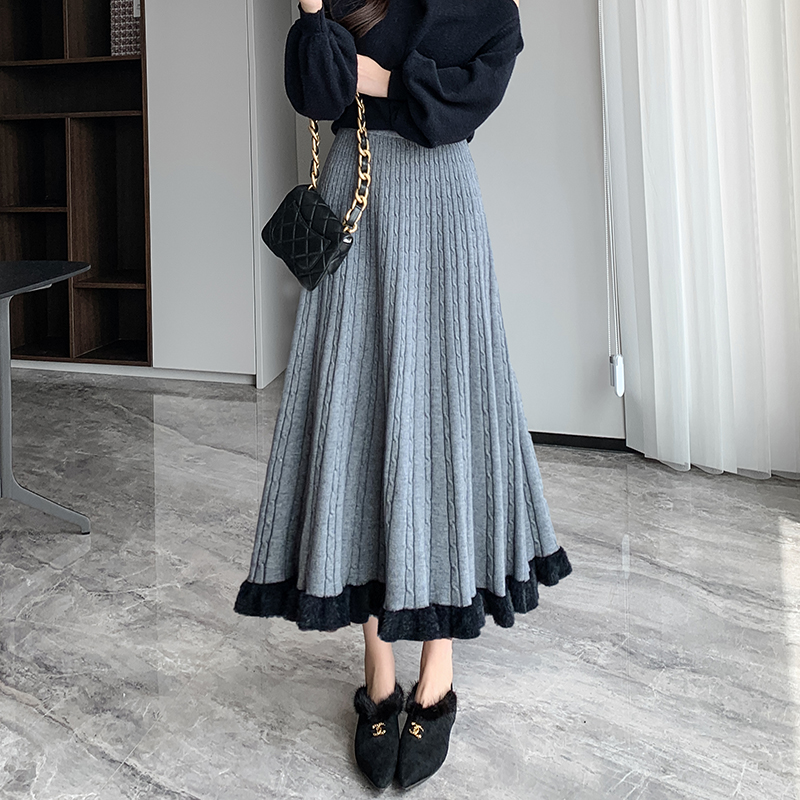 Mink hair knitted big skirt pleated skirt for women