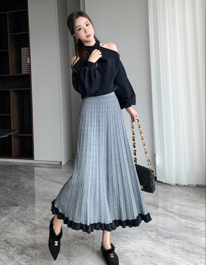 Mink hair knitted big skirt pleated skirt for women